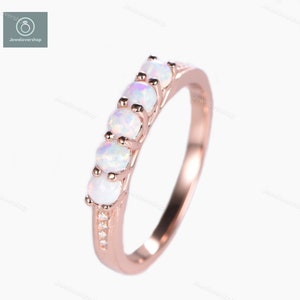 Natural Opal 14K Rose Gold Ring: Art Deco CZ Wedding Band