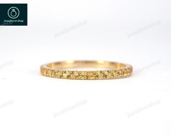 14K Yellow Sapphire Eternity Band: Micro Pave Thin Wedding Ring