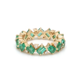 Art Deco Emerald Wedding Band Stackable Emerald Ring May Birthstone Stackable Yellow Gold Ring Handmade Wedding Band Ring Anniversary Ring