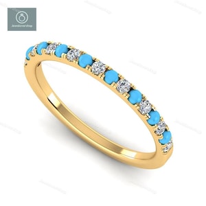 Natural Turquoise Birthstone Ring, Half Eternity Band Ring, Cubic Zirconia Engagement Ring, December Birthstone Ring, Turquoise Wedding Band