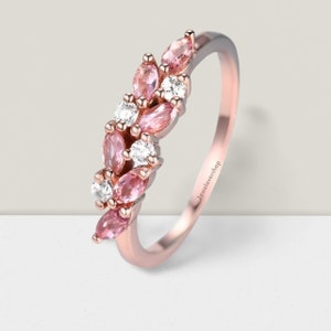 14K Rose Gold Pink Sapphire Marquise Wedding Band