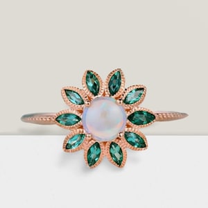 Opal and emerald ring, Cluster ring, Opal engagement ring, Australian opal ring emerald diamond ring, opal and emerald, Fire opal ring