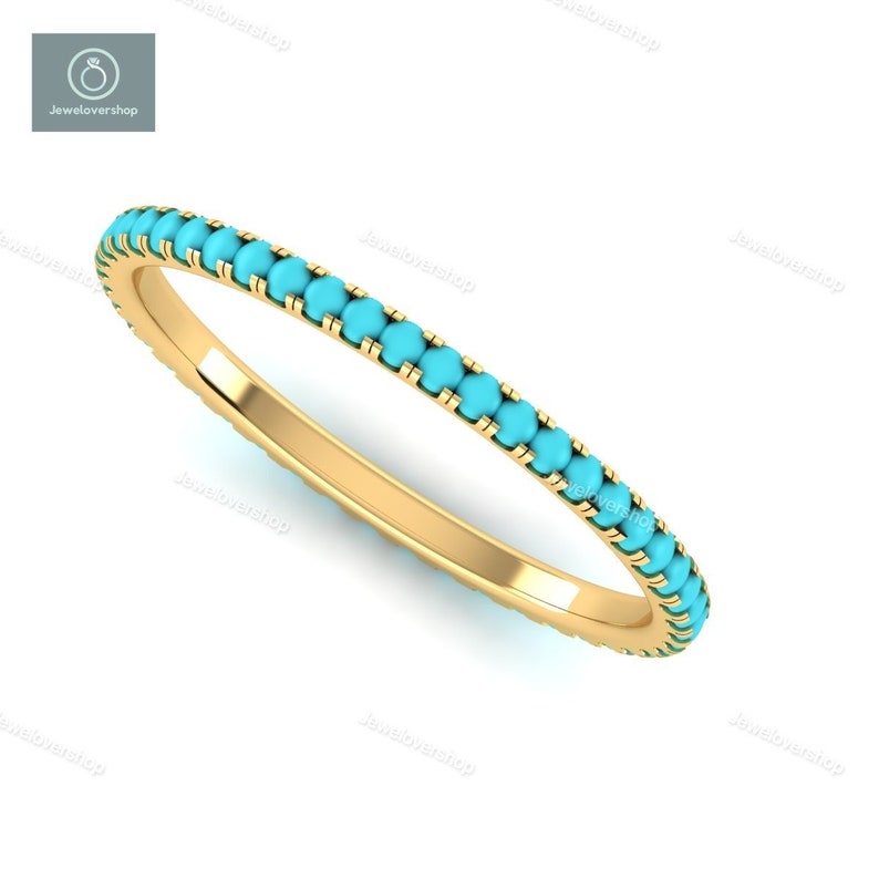 Turquoise Gemstone Ring, Full Micro Pave Band, 14K Solid Gold Eternity Band Ring, Real Turquoise Gemstone Ring, Stackable Dainty Band Ring image 6