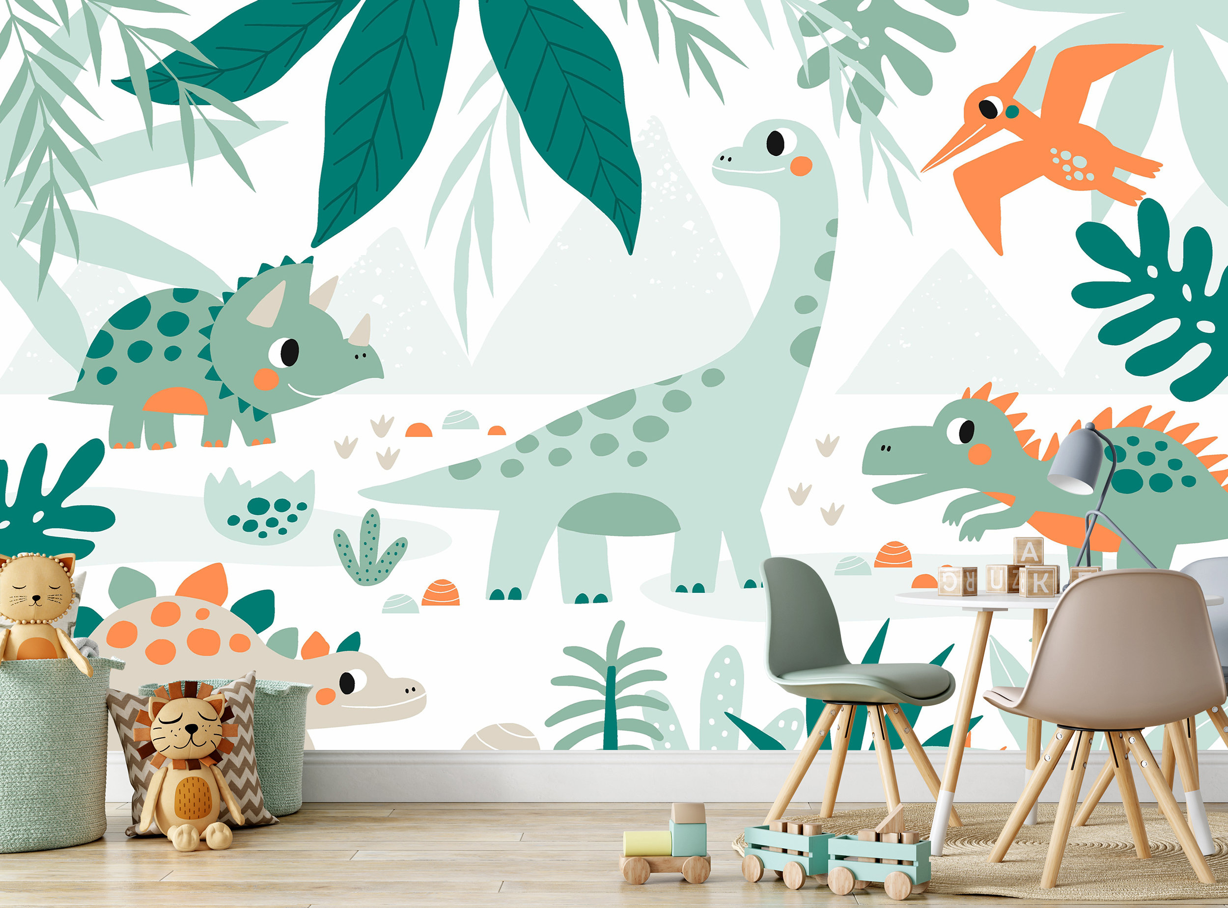 Carta da parati per bambini, Dinosauri Animali Cartoon Wall Murale