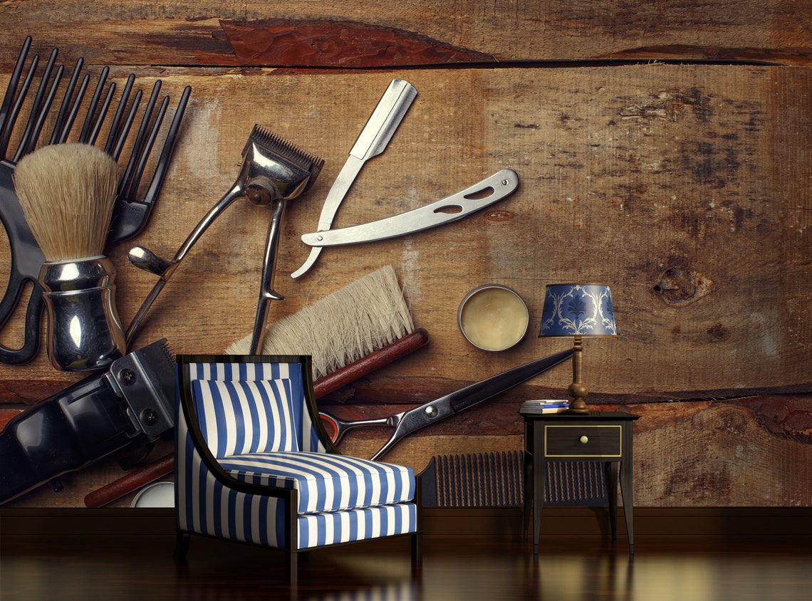 3D Barber Shop Wallpaper Vintage Tools Mural Decal Mural Photo - Etsy