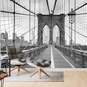 Brooklyn Bridge Wallpaper, City Wall Mural, Peel and Stick Wallpaper, City Wallpaper, Brooklyn Bridge Mural, Removable, Entryway Office Loft image 2