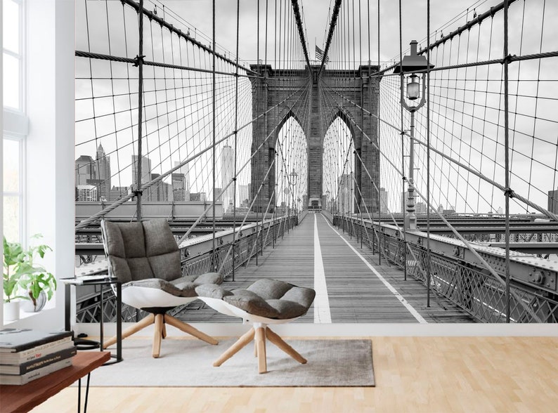 Brooklyn Bridge Wallpaper, City Wall Mural, Peel and Stick Wallpaper, City Wallpaper, Brooklyn Bridge Mural, Removable, Entryway Office Loft image 2