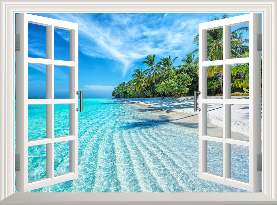 Beach Wall Decal Ocean - 3D Beach View Window Mural Sticker - Peel And