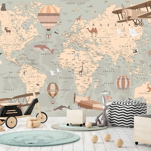 Carta da parati adesiva con mappa del mondo e animali per bambini, rimovibile, per cameretta dei bambini, sala giochi, asilo nido, carta da parati autoadesiva con aeroplani e adesivi.