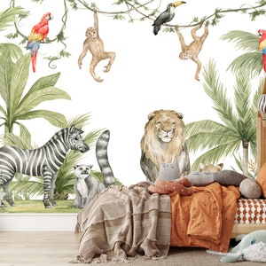 Papier peint sur le thème de la jungle, animaux de safari, papier peint de la jungle, décoration murale, chambre de bébé, papier peint autocollant, amovible, enfants enfants tropicaux
