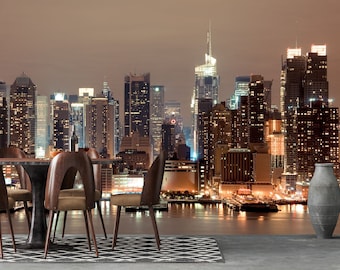 New York City Wallpaper, City Wall Mural, Peel and Stick Wallpaper Night View Manhattan Wall Mural, Removable, Lounge Office Loft Modern