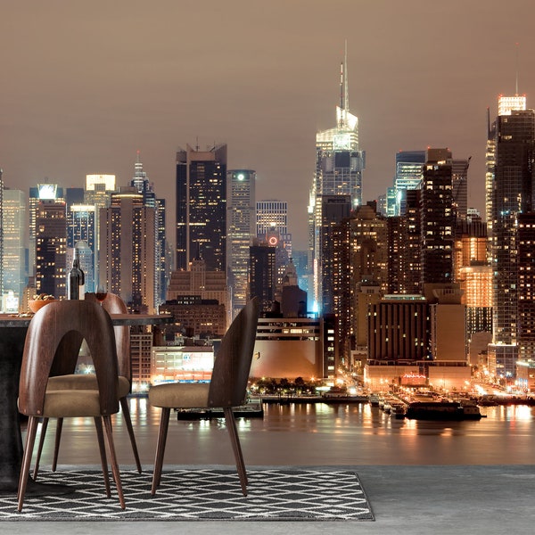 New York City Wallpaper, City Wall Mural, Peel and Stick Wallpaper Night View Manhattan Wall Mural, Removable, Lounge Office Loft Modern