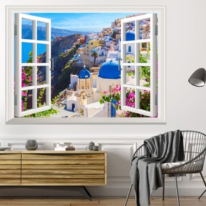 Santorini Greece Wall Decal Wall Sticker 3D Window Effect View Window Wall Decal Removable Vinyl Art Decal Mural Wall Decor Poster