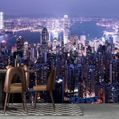 Hong Kong City Wall Mural, Peel and Stick Wallpaper, City Wallpaper, City Wall Mural, Removable Night shops View Skyline Wallpaper, Skyscrapers