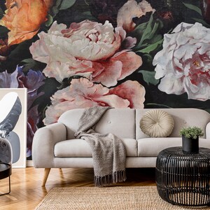 Dark Floral Wallpaper Mural: Vintage Peel and Stick Wall Decor