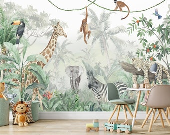 Jungle Wallpaper, Safari wallpaper, Jungle Theme Wallpaper, Peel and stick Wallpaper, Wall decor, Nursery,  Removable, Children Kids Tapete