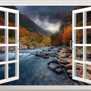 Autunno Forest River Wall Decal Wall Sticker 3D Window Effect View Nature Wall Decal Removable Art Wallpaper Mural Decor Poster, Vinyl Decals