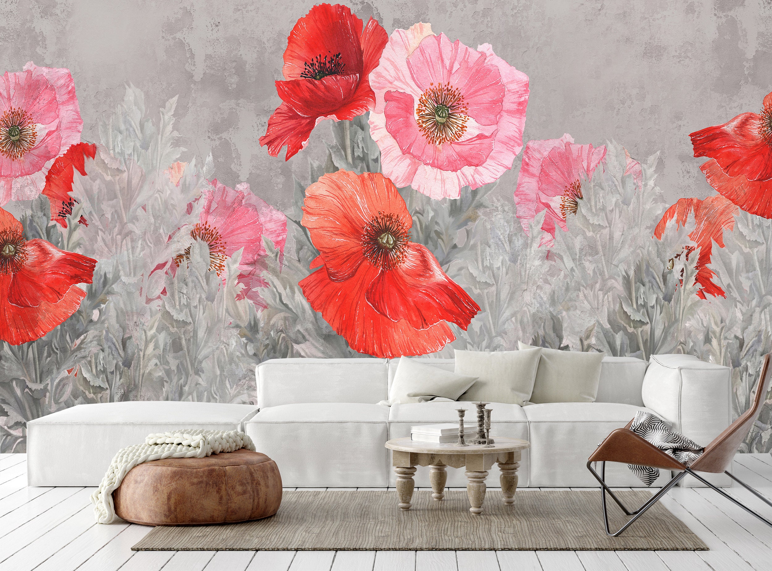 Floral Wallpaper Red Poppy Flowers Modern Wallpaper Self - Etsy