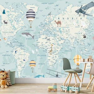 Kinder Weltkarte Tiere Wallpaper entfernbares Wandbild Kinderzimmer Spielzimmer Kinderzimmer Kunst Selbstklebende Flugzeuge Peel and Stick Tapete