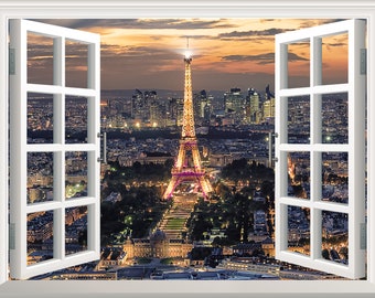 Paris Wandtattoo Paris Deko 3D Fenstereffekt Blick Eiffelturm Paris Wandtattoo abnehmbare Kunst Wandbild Poster, Vinyl Wandtattoo Stadtbild