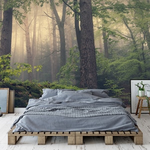 Carta da parati con foresta, murale con foresta, carta da parati adesiva, carta da parati autoadesiva con alberi della foresta e nebbia, decorazione da parete con alberi del bosco.