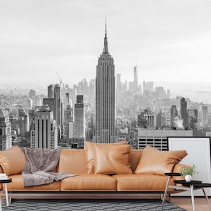 New York City Wallpaper, City Wall Mural, Peel and Stick Wallpaper, Empire State Black & White Skyline Wall Mural, Lounge Office Loft Modern