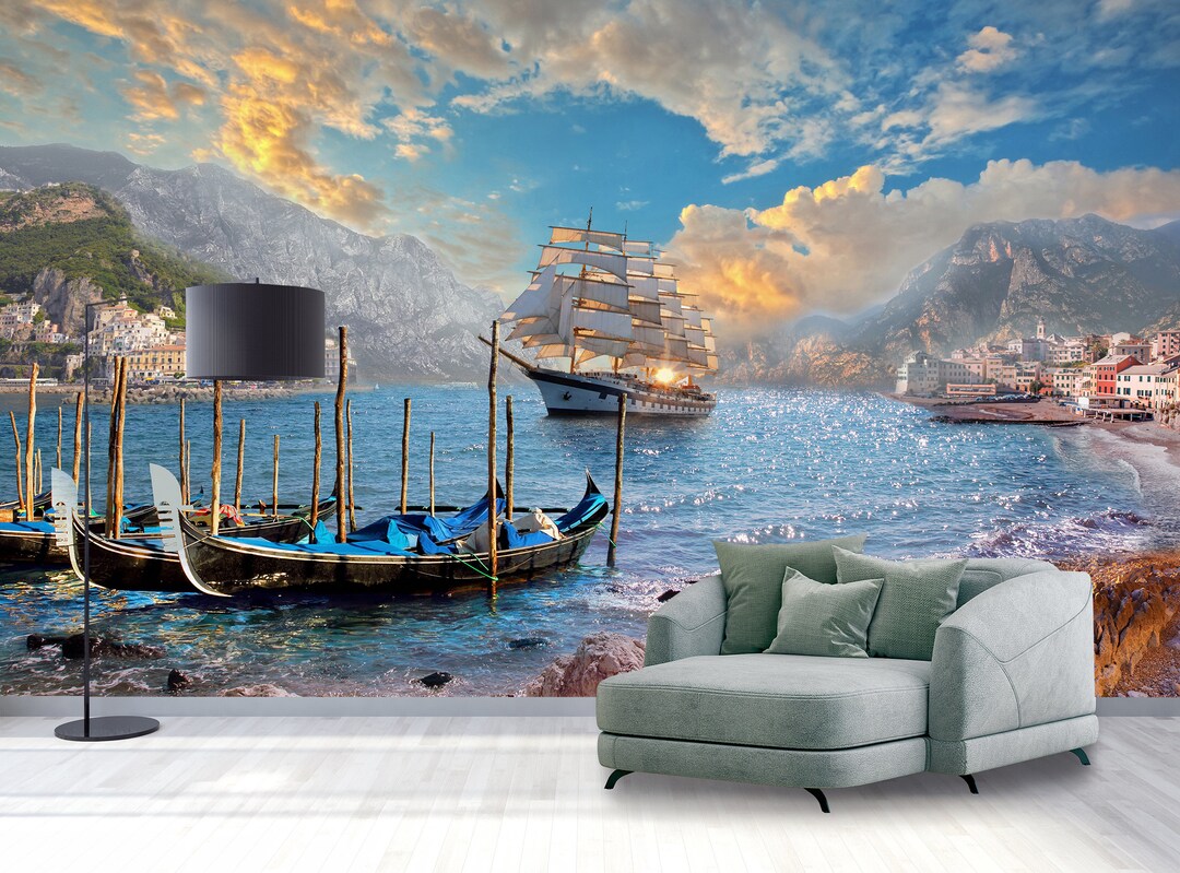 Boat on the Lake Wallpaper, Nature Wall Mural, Peel and Stick Wallpaper
