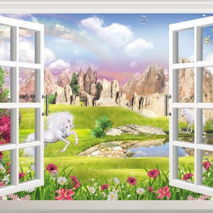 Unicorn 3D Window View Wall Decal: Removable Art for Kids Nursery