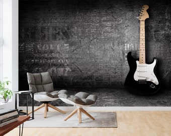 Music Wallpaper - Peel and Stick Removable Electric Guitar Wall Mural Dark Music Cafe Design Young Room Kids Teenagers Room City Background