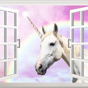 Unicorn 3D Window Wall Decal: Rainbow Sky Nursery Art