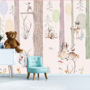 Woodland Nursery Wallpaper Mural: Forest Animals, Peel and Stick