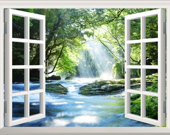 Waldfluss-Wandaufkleber, Wandaufkleber, 3D-Fenstereffekt, Ansicht der Natur, Wandaufkleber, abnehmbares Kunstwand-Wanddekor-Poster, Vinyl-Wandaufkleber