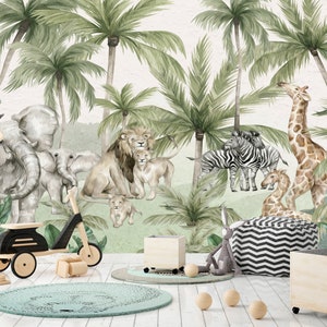 Tapete mit Dschungel-Thema, Safari-Tiere, Dschungel-Tapete, Dekor, Kinderzimmer, Abziehen und Aufkleben Tapete, Abnehmbar, Kinder und Kinder Aquarellkunst
