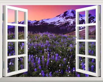 Volcano Flowers Landscape Decal Wall Sticker 3D Window Effect View Nature Wall Decal Removable Art Mural Decor Poster, Vinyl Wall Decals