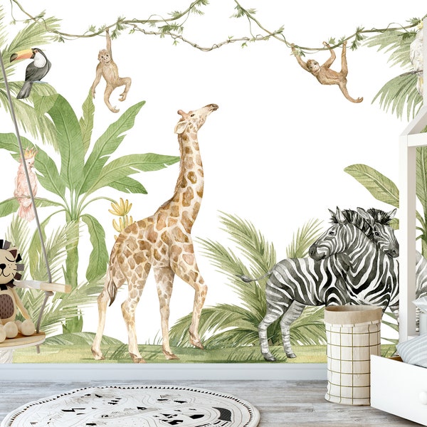 Jungle Wallpaper, Safari wallpaper, Jungle Theme Wallpaper, Peel and stick Wallpaper, Wall decor, Nursery,  Removable, Children Kids Tapete