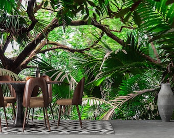 Jungle Forest Wallpaper Mural: Peel and Stick Rainforest Palm Leaves