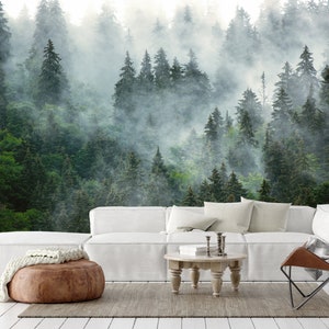 Forest Wallpaper Misty Jungle Wall Mural Peel and Stick Removable Foggy Forest Decor Natural Home Decor Cafe Design Living Room Entryway