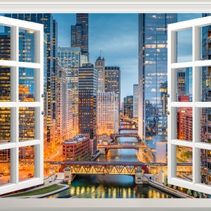 Adesivo da parete con vista sullo skyline della città di Chicago, effetto finestra 3D, adesivo da parete rimovibile, poster decorativo, carta da parati in vinile