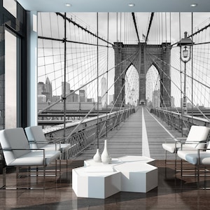 Brooklyn Bridge Wallpaper, City Wall Mural, Peel and Stick Wallpaper, City Wallpaper, Brooklyn Bridge Mural, Removable, Entryway Office Loft image 1