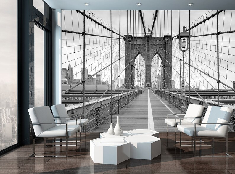 Brooklyn Bridge Wallpaper, City Wall Mural, Peel and Stick Wallpaper, City Wallpaper, Brooklyn Bridge Mural, Removable, Entryway Office Loft image 1