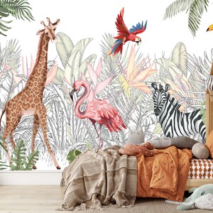 Jungle Animals Wallpaper, Peel and Stick Wallpaper, Removable Wall Mural, Giraffe, Safari Animals, Tropical Wallpaper, Nursery, Kids Mural