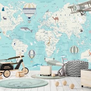 Kinder Weltkarte Tiere Tapete Abnehmbares Wandbild Spielzimmer Kinderzimmer Selbstklebende Flugzeuge Reiseflugzeuge Schälen und Aufkleben Tapete