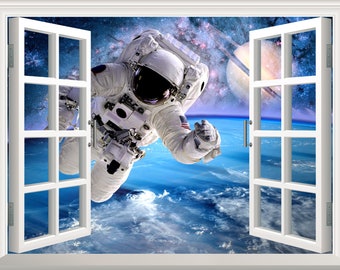 Spaceman Wall Decal Space Planet Earth Wall Sticker 3D Window Effect View Wall Decal Removable Vinyl Art Mural Wall Decor Poster Kids Room