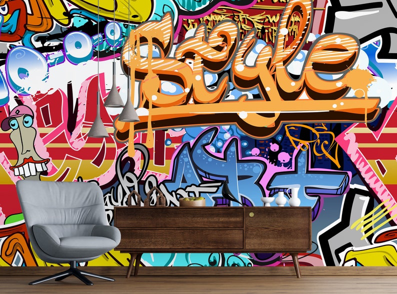 Graffiti Peel and Stick Wallpaper / Graffiti Wallpaper/ Etsy