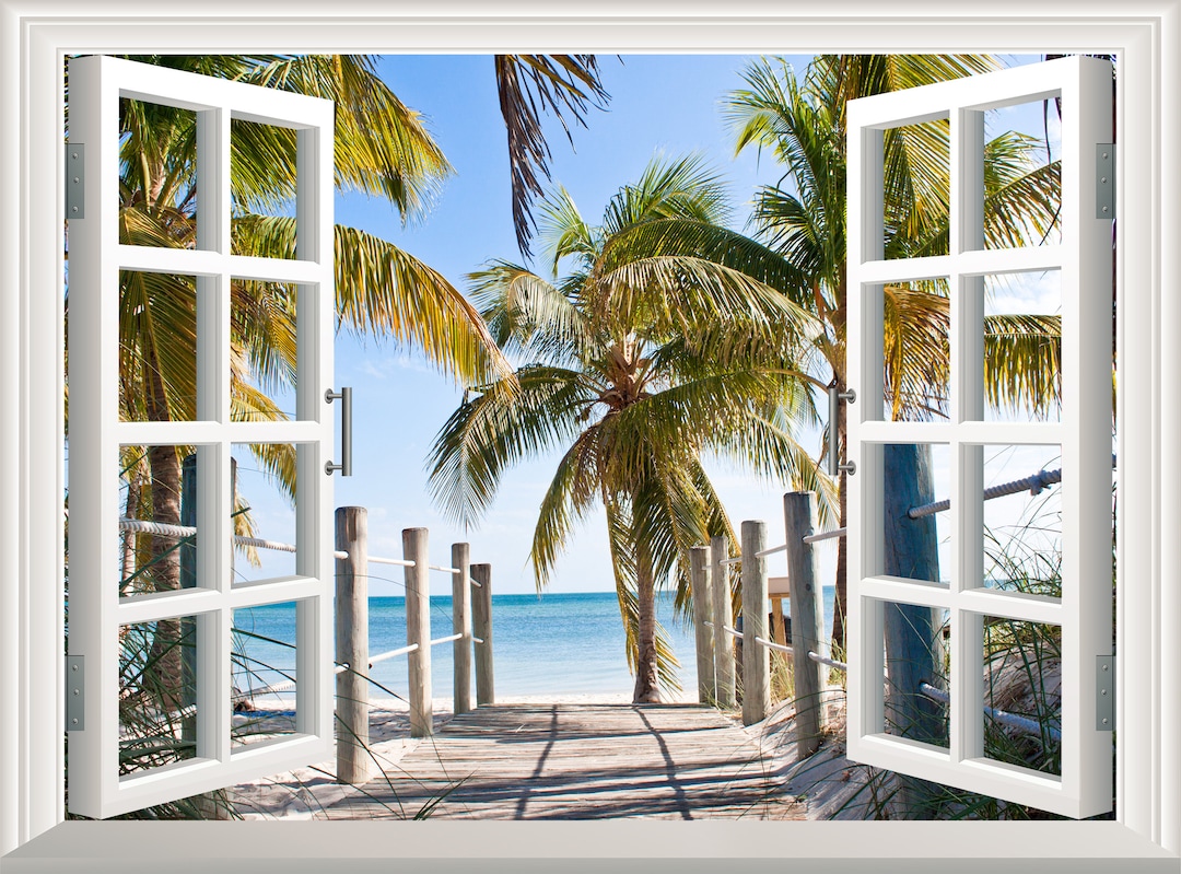 Tropical Beach Wall Decal Wall Sticker 3D Window Effect View Palm Ocean