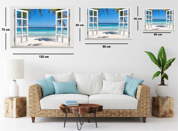 Beach Wall Decal Ocean - 3D Beach View Window Mural Sticker - Peel And