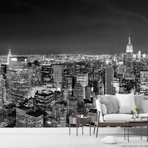 New York City Wallpaper, City Wall Mural, Peel and Stick Wallpaper Night View Black & White Wall Mural, Removable, Lounge Office Loft Modern