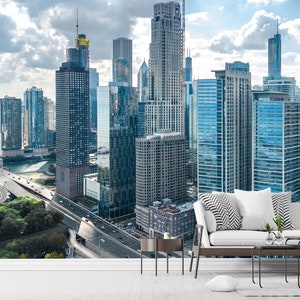Carta da parati murale della città di Chicago, carta da parati adesiva, carta da parati della città, carta da parati murale della città, carta da parati rimovibile con lo skyline di Chicago, ufficio con grattacieli