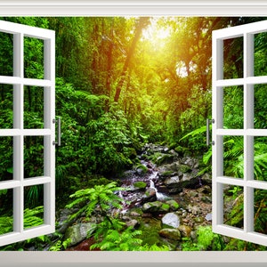 Dschungel Wald Wandtattoo Wandaufkleber 3D Fenster Effekt Ansicht Sonnenuntergang Regenwald Wandtattoo Abnehmbarer Tropischer Kunst Wandbild Dekor Poster