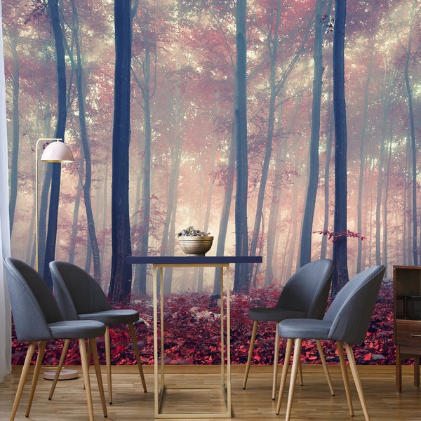 Forest Wallpaper, Forest Wall Mural, Peel and Stick Wallpaper, Self Adhesive Misty Foggy Forest Tree Mural Woodland Wall Art Wall Decor